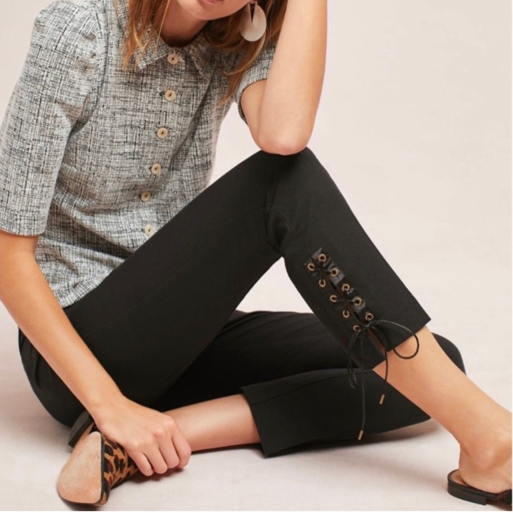 DONATED EUC Anthropologie Essential Slim Cropped Pants Corset Lace-Up Hem | 00